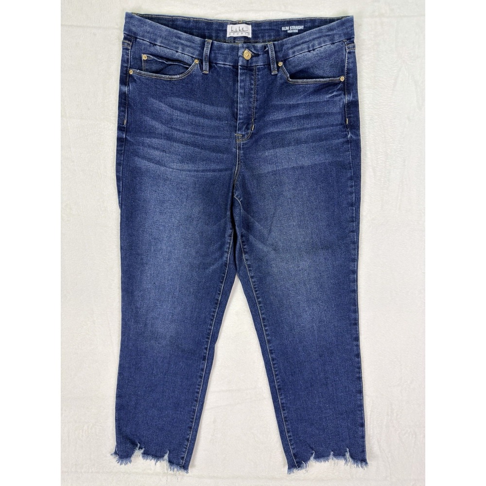 Nicole Miller Jeans Womens 12 Blue Dark Wash SOHO High Rise Slim Straight Fringe